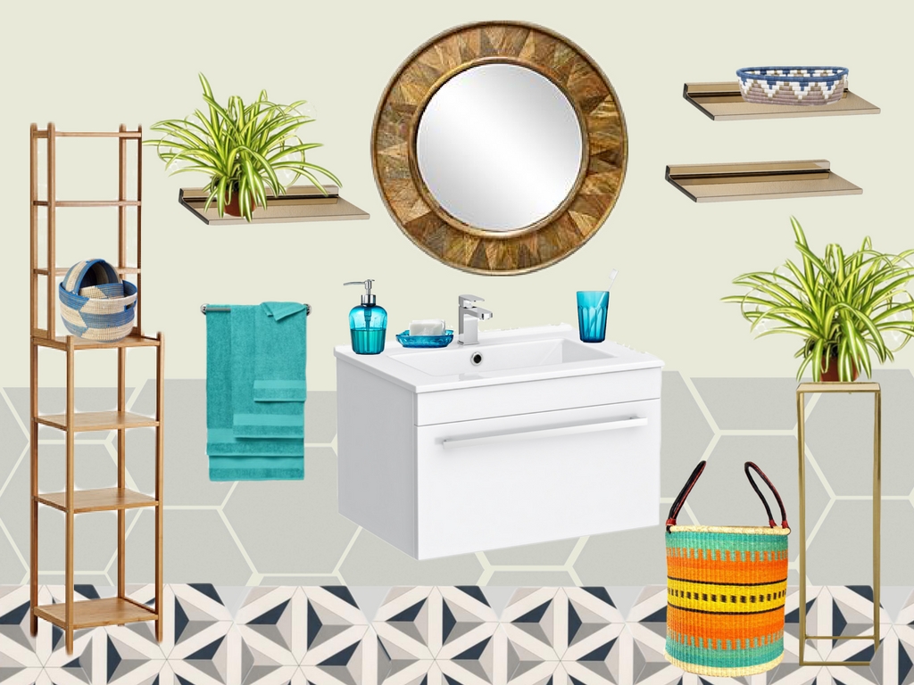 a colourful bathroom with geometric floor tiles, hexagonal wall tiles and blue accessories with gold furniture and accents